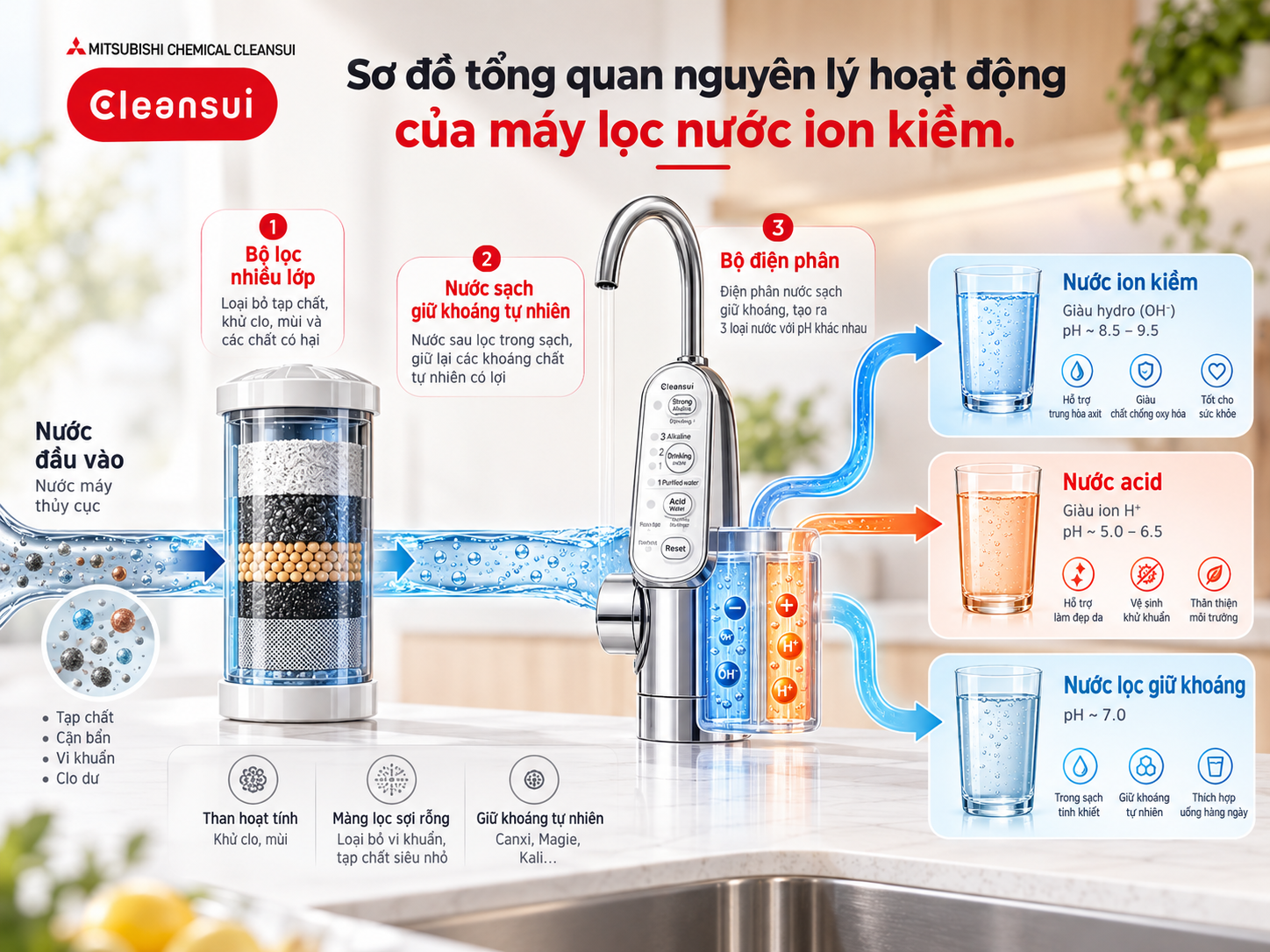 Quá trình lọc nước đầu vào của máy lọc nước ion kiềm trước khi điện phân