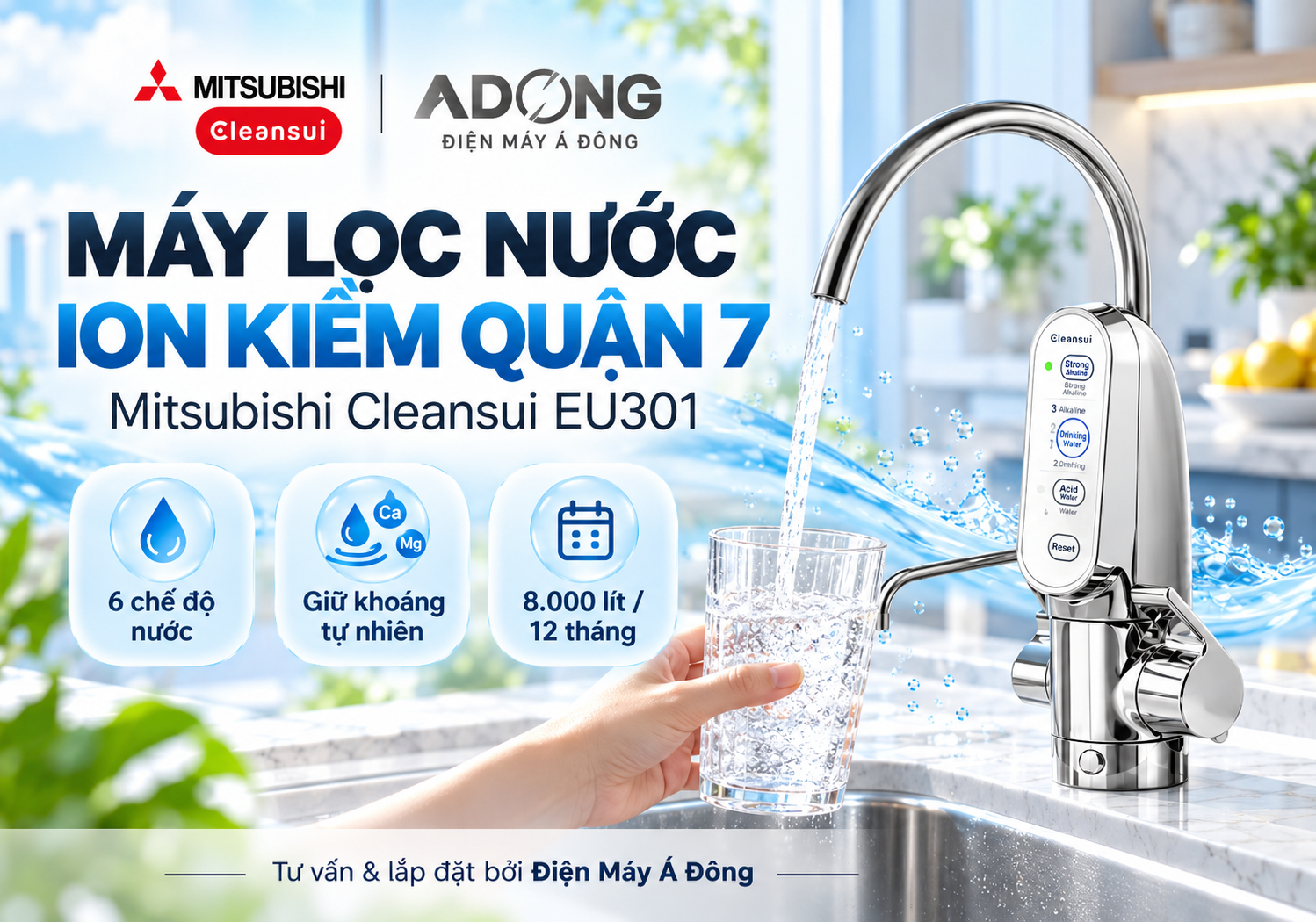 Thiết kế máy lọc nước ion kiềm âm tủ bếp cho căn hộ với vòi Cleansui sang trọng